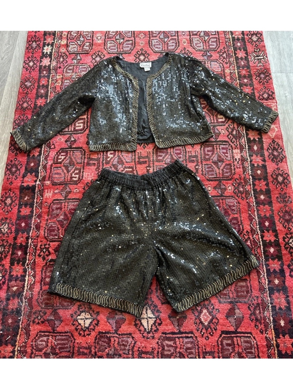 Vintage 1980’s Silk Sequin Beaded 2 Pc Set Jacket Shorts Black Gold S Glamour - Picture 11 of 12